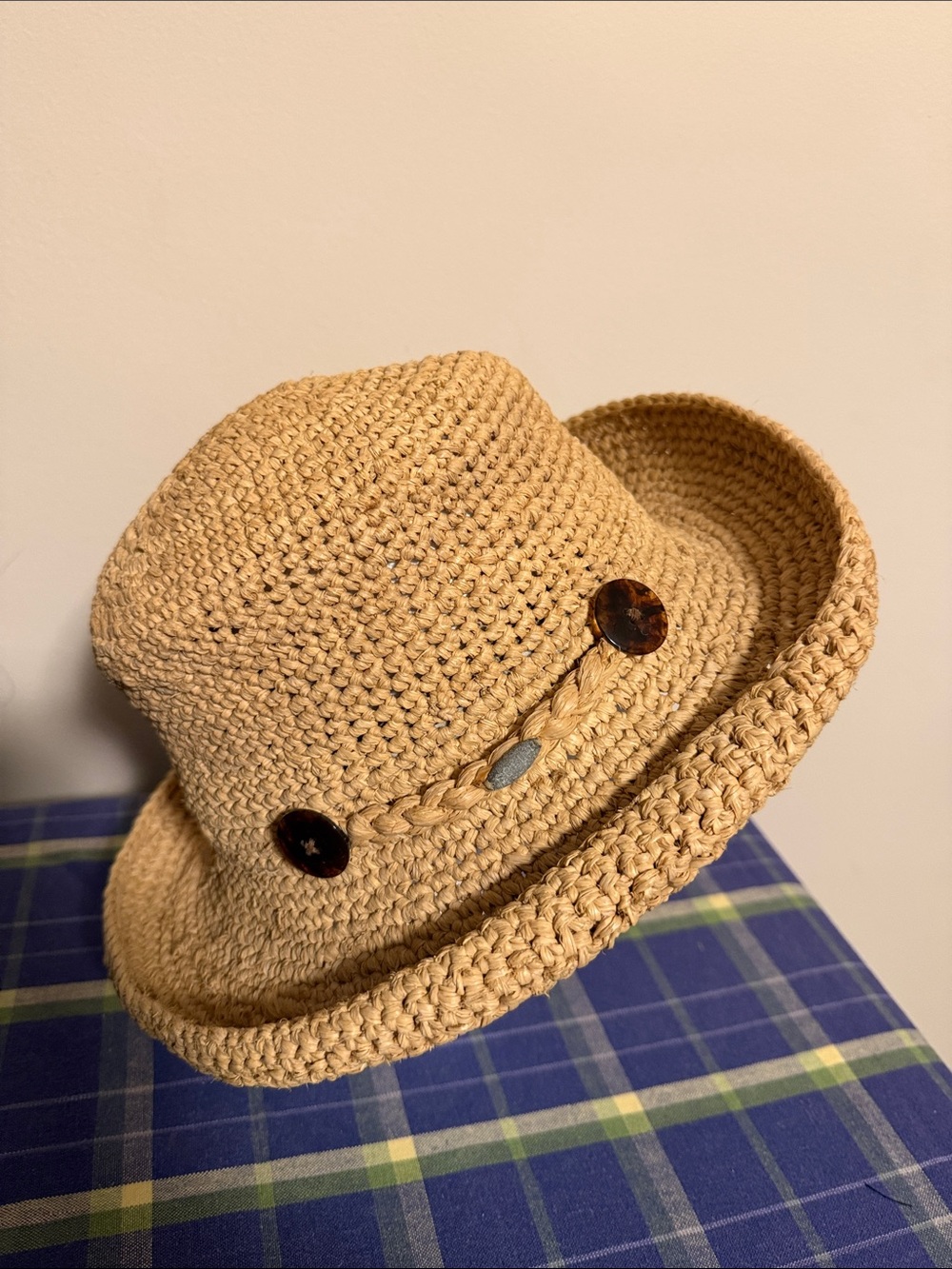 SCALA Woven Straw Sun Hat with Braided Band and Tortoiseshell Buttons - Natural